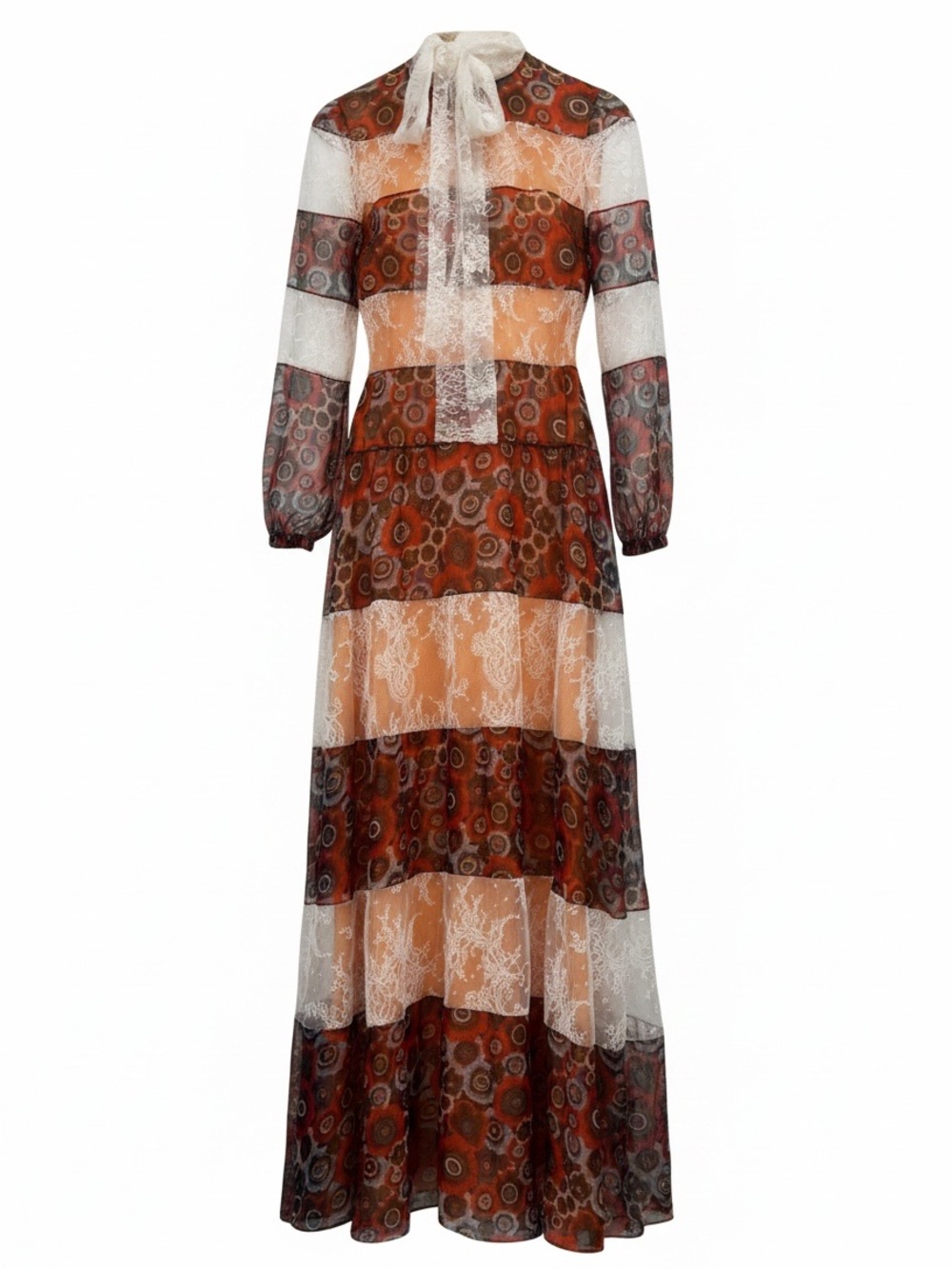 Valentino Lace Chiffon Tiered Maxi Dress Tie Neck Floral Boho Multicolor Small 🟡